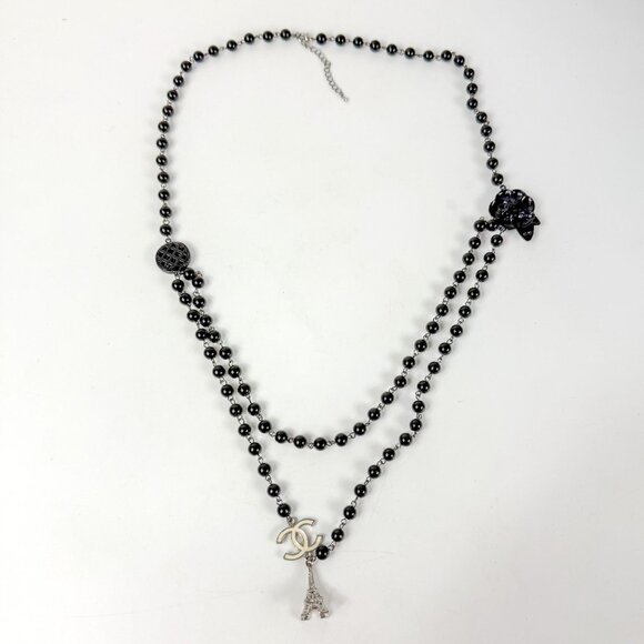 Chanel Glass Beaded Black Coco Logo Camelia Double Strand Necklace Eiffel Tower - Picture 1 of 8